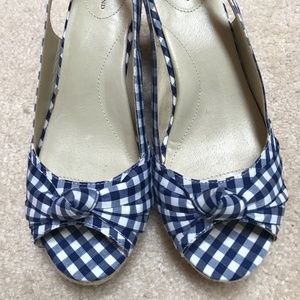Lands End Navy Gingham Wedge Heels